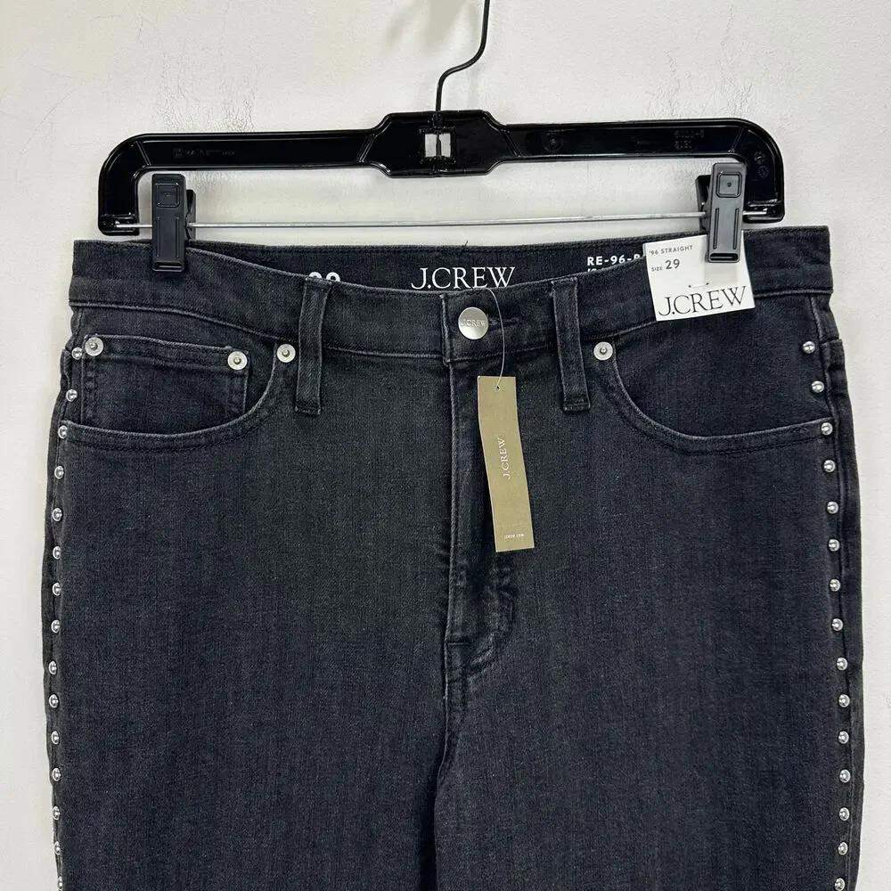J.Crew Studded High Rise Straight Jean 1996 Semi Stretch Washed Black US 29 MWT